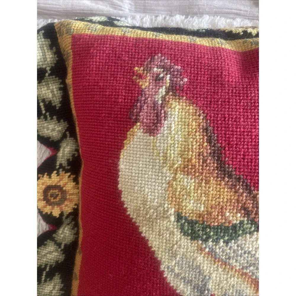 Needlepoint Rooster Throw Pillow French Country Zipper Closure Farm House